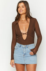 Whimsi Brown Mesh Long Sleeve Bodysuit Image