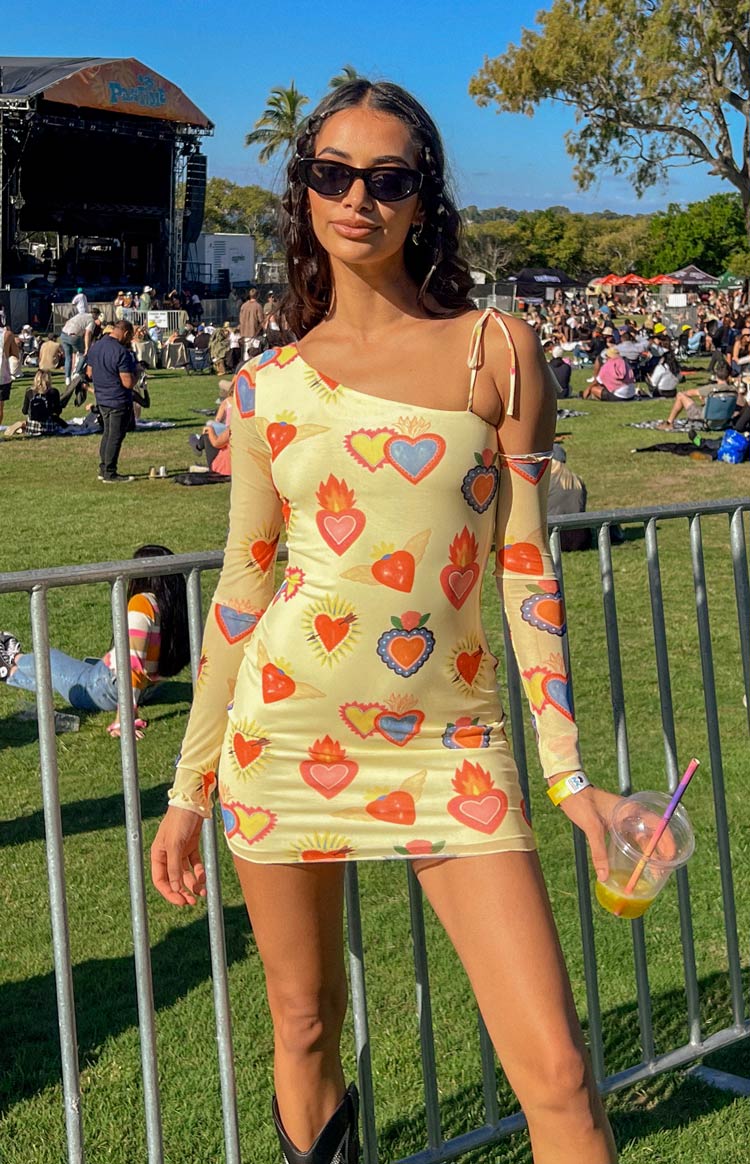 Wild At Heart Yellow Printed Mesh Long Sleeve Mini Dress Image