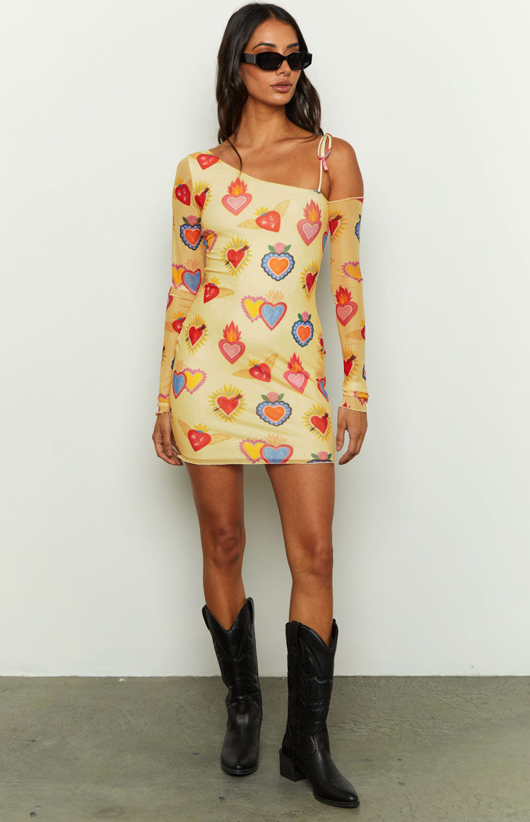 Wild At Heart Yellow Printed Mesh Long Sleeve Mini Dress Image