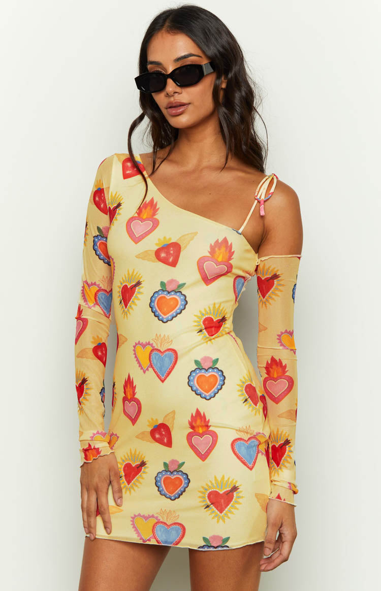 Wild At Heart Yellow Printed Mesh Long Sleeve Mini Dress Image