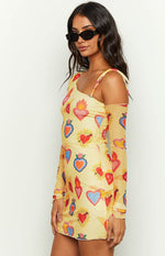 Wild At Heart Yellow Printed Mesh Long Sleeve Mini Dress Image