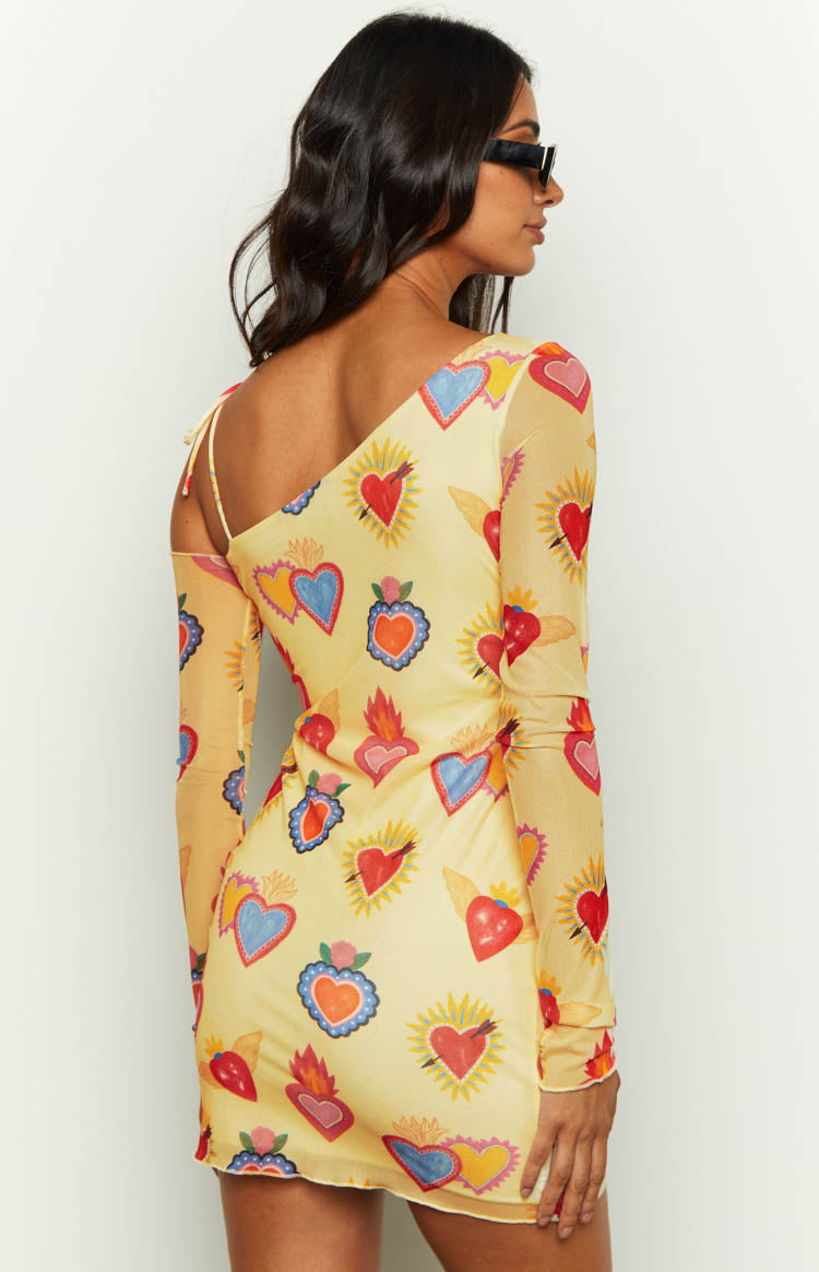 Wild At Heart Yellow Printed Mesh Long Sleeve Mini Dress