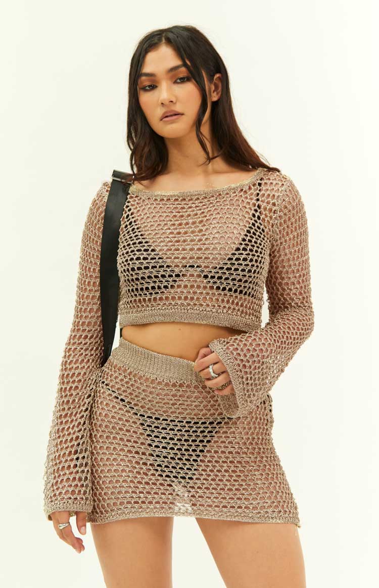 Wild Thoughts Gold Metallic Fishnet Mini Skirt Image