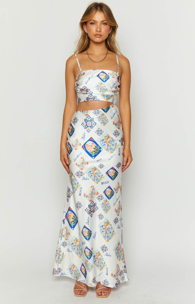 Willa White Satin Italia Print Maxi Dress Image