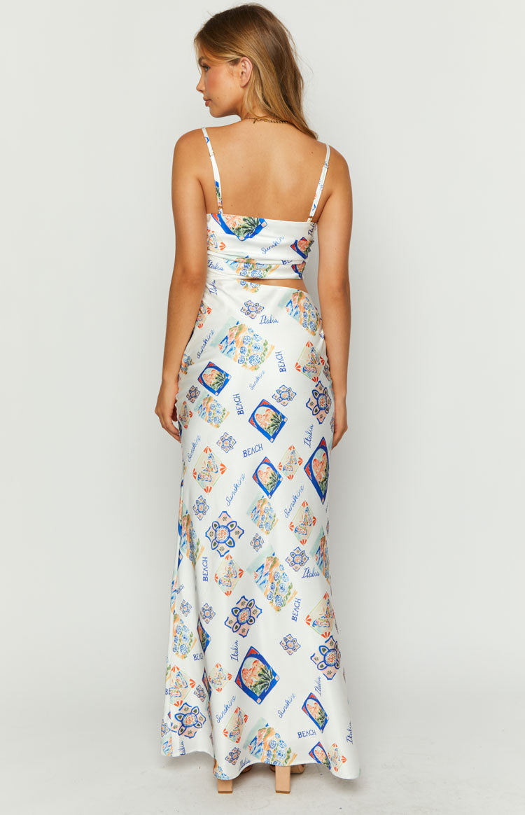 Willa White Satin Italia Print Maxi Dress Image