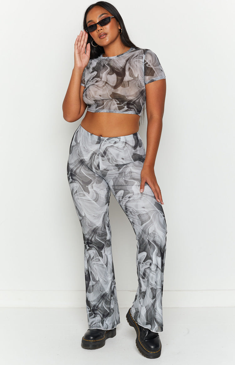 Willow Black Print Mesh Flare Pants Image