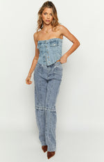 Wilma Mid Wash Denim Button Top Image