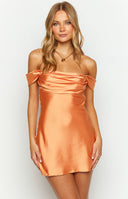 Orange off the shoulder satin mini dress on brunette model