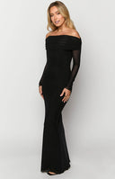 Black long sleeve mesh maxi dress on brunette model.