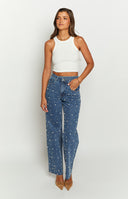 high rise mid wash denim jeans with pearl detailing from waist to bottom hem