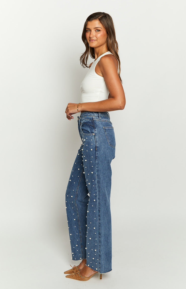 Denim Dazzle Pearl Mid Wash High Waisted Jeans Image