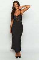 Black satin lace midi dress on brunette model