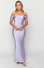 Purple off-shoulder formal maxi dress worn on Crystal Bellotti