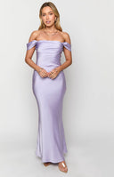 Purple off-shoulder formal maxi dress worn on Crystal Bellotti