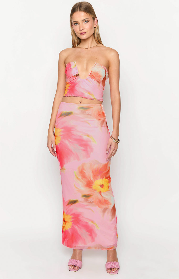 Esha Pink Floral Strapless Crop Top Image