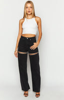 Close up lower body detail of girl in Gem Diamante Trim Wide Leg Black Denim Jeans.