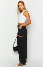 Gem Diamante Trim Wide Leg Black Denim Jeans Image