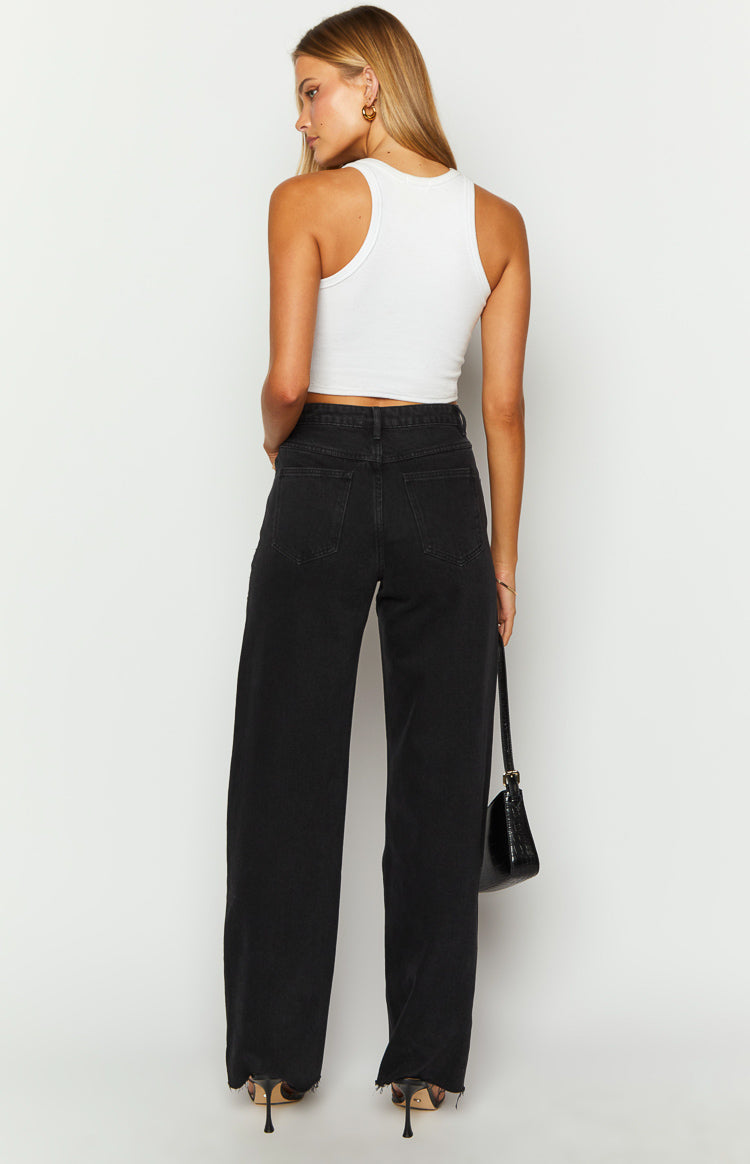 Gem Diamante Trim Wide Leg Black Denim Jeans Image