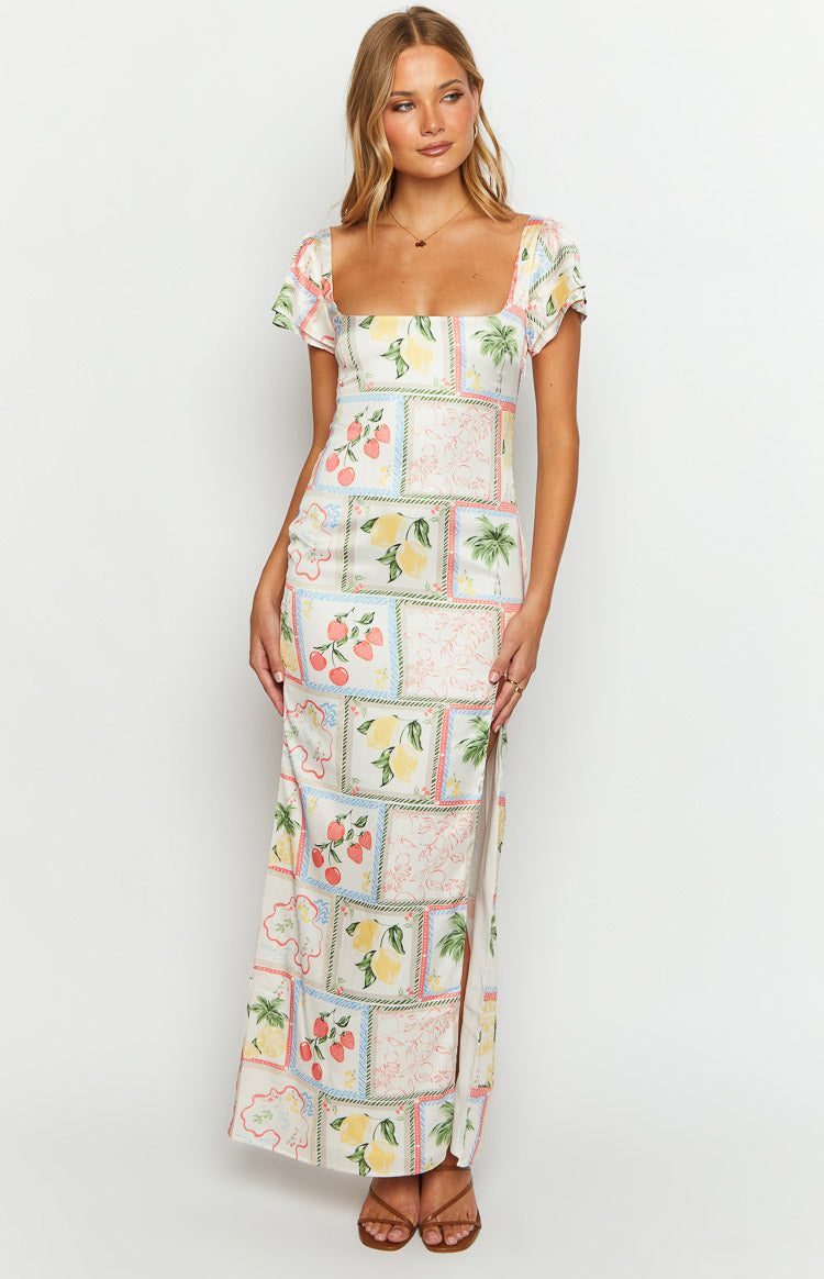 Nori White Satin Roma Print Maxi Dress Image