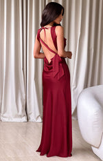 Laria Wine Satin Formal Maxi Dress Image