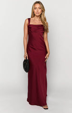 Laria Wine Satin Formal Maxi Dress Image