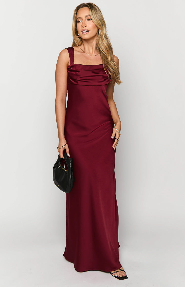 Laria Wine Satin Formal Maxi Dress Image