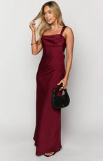 Laria Wine Satin Formal Maxi Dress Image