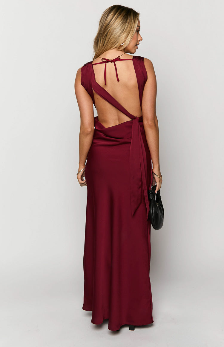 Laria Wine Satin Formal Maxi Dress Image