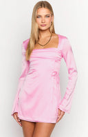 Lucy Pink Satin Long Sleeve Mini Dress