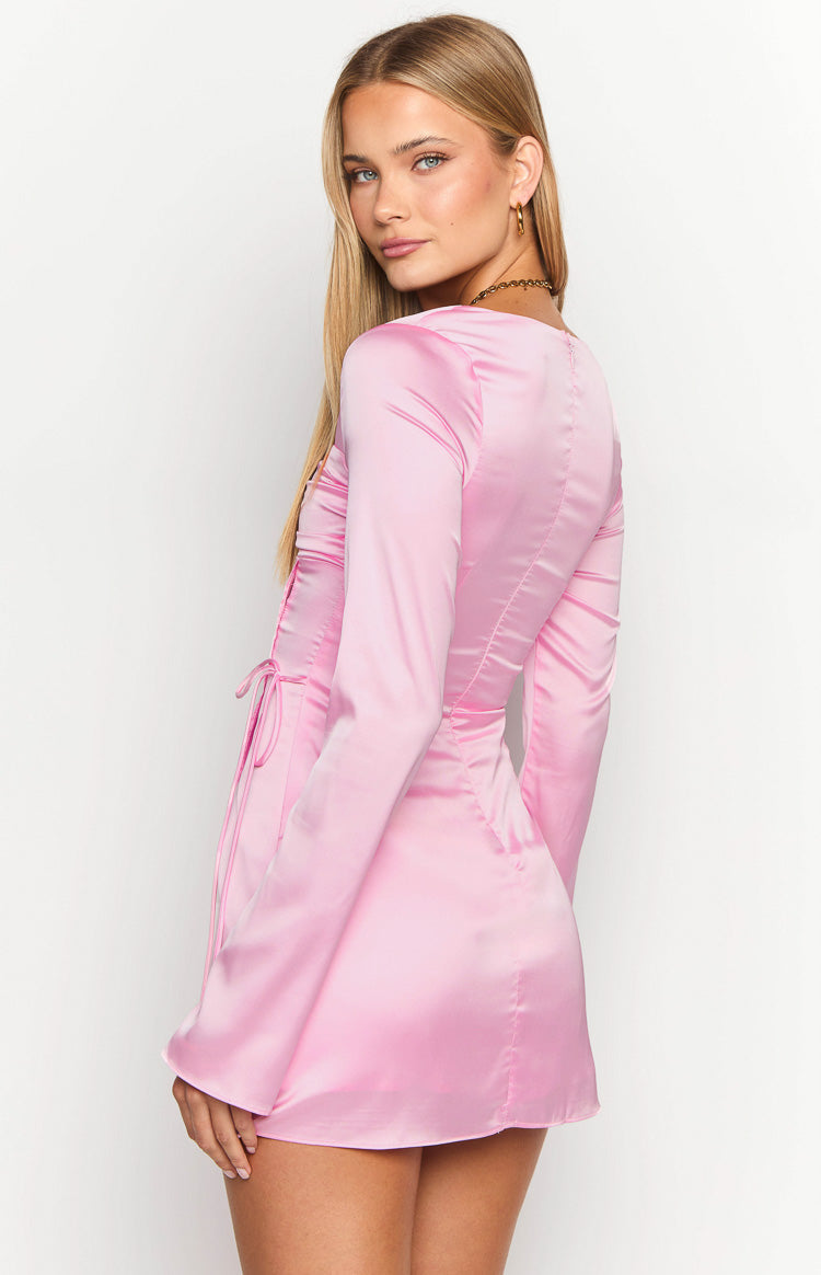 Lucy Pink Satin Long Sleeve Mini Dress Image