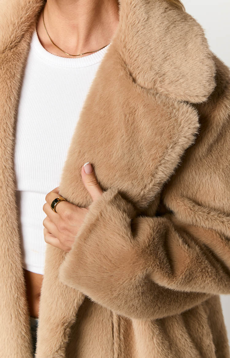 Lyrae Brown Full Length Faux Fur Coat Image