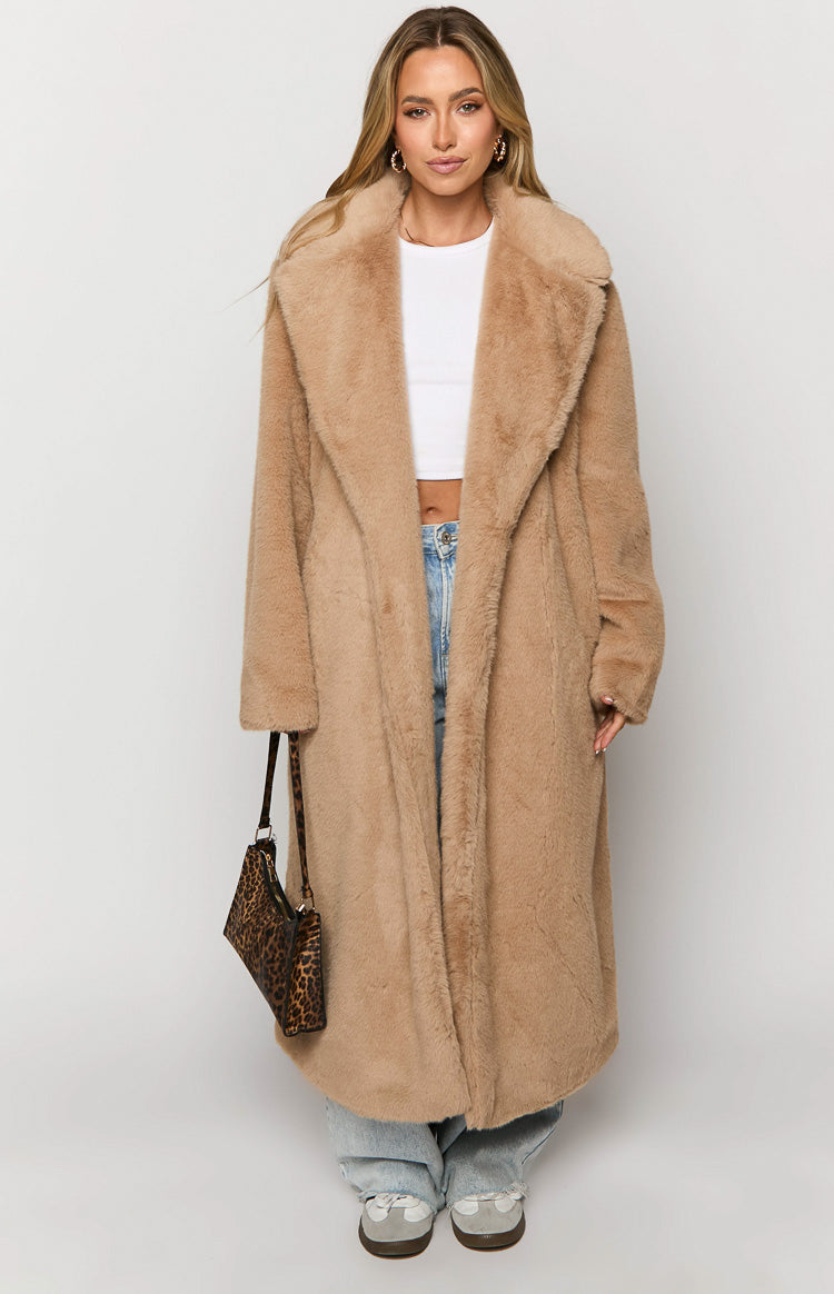 Lyrae Brown Full Length Faux Fur Coat Image