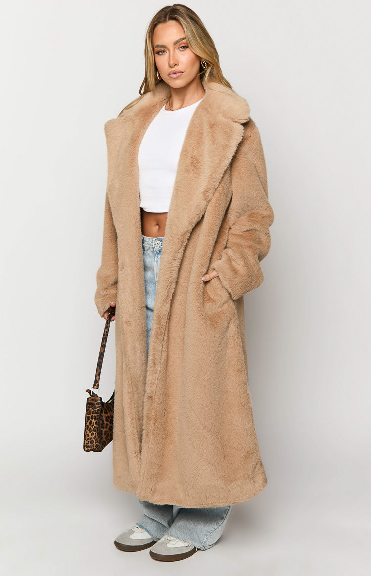 Lyrae Brown Full Length Faux Fur Coat Image