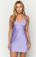 Purple satin mini dress with flower straps worn by Crystal Bellotti