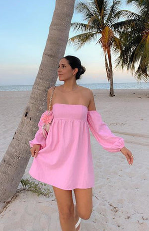 Koa Pink Off Shoulder Linen Mini Dress