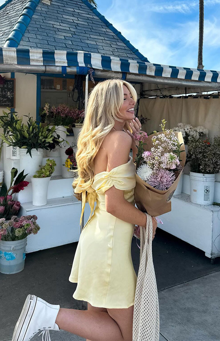 Primrose Yellow Satin Off the Shoulder Mini Dress Image