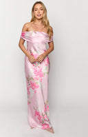 Pink floral strapless maxi dress worn by brunette model 