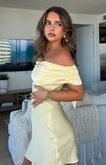 Primrose Yellow Satin Off the Shoulder Mini Dress Image