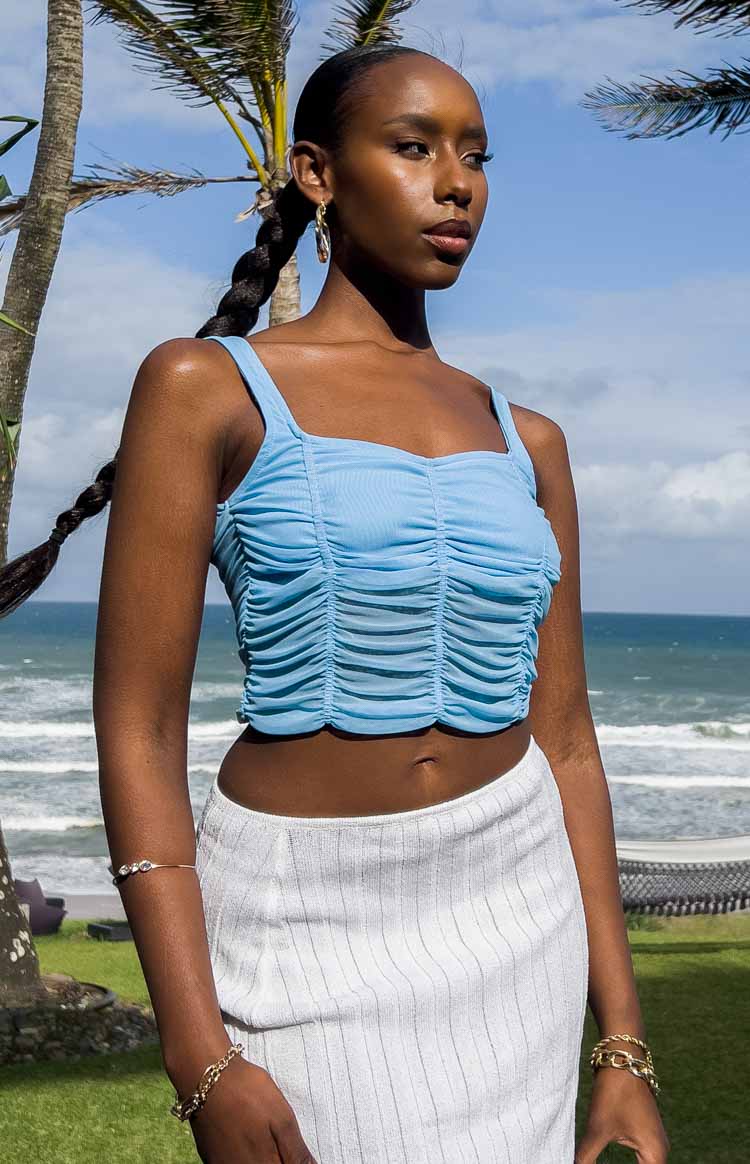 Dava Blue Mesh Ruched Top Image