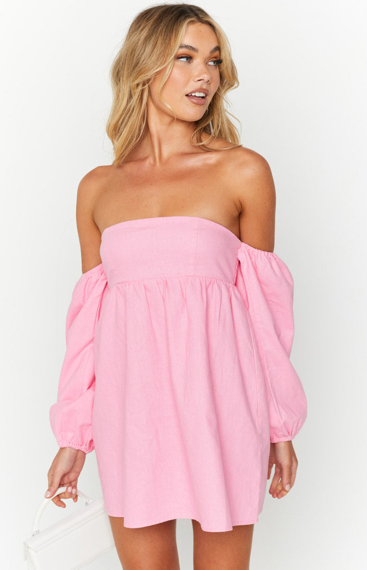 Koa Pink Off Shoulder Linen Mini Dress Image