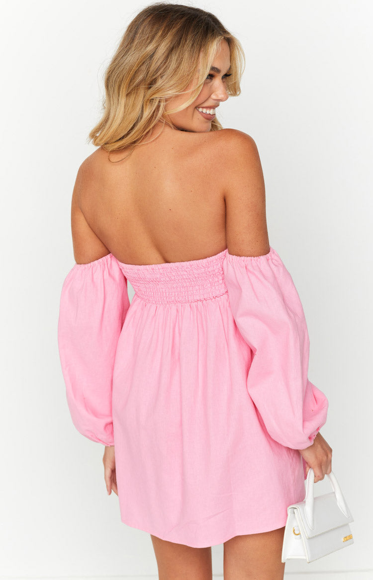 Koa Pink Off Shoulder Linen Mini Dress Image