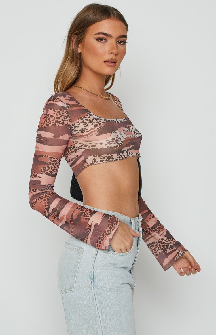 Undercover Brown Print Mesh Top Image