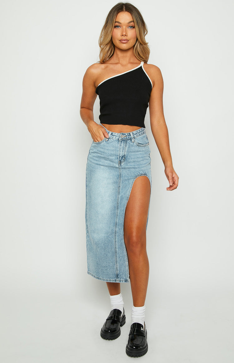 Aysha Cutout Blue Denim Midi Skirt Image