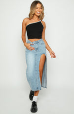 Aysha Cutout Blue Denim Midi Skirt Image