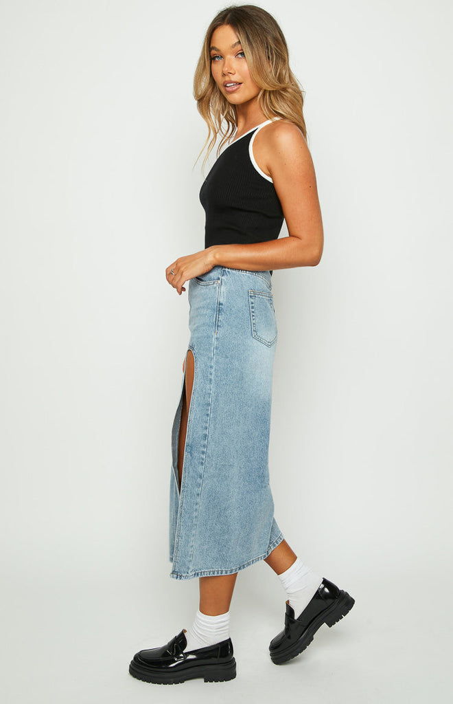 Aysha Cutout Blue Denim Midi Skirt – Beginning Boutique NZ